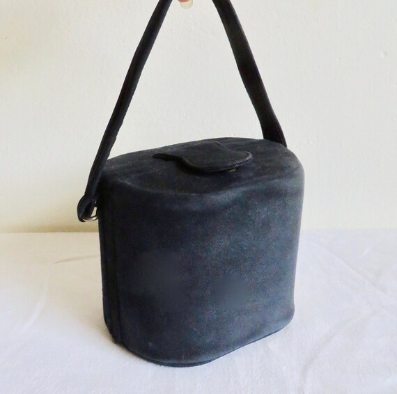 1940s Navy Blue Suede Box Purse: Structured Top Handle Handbag