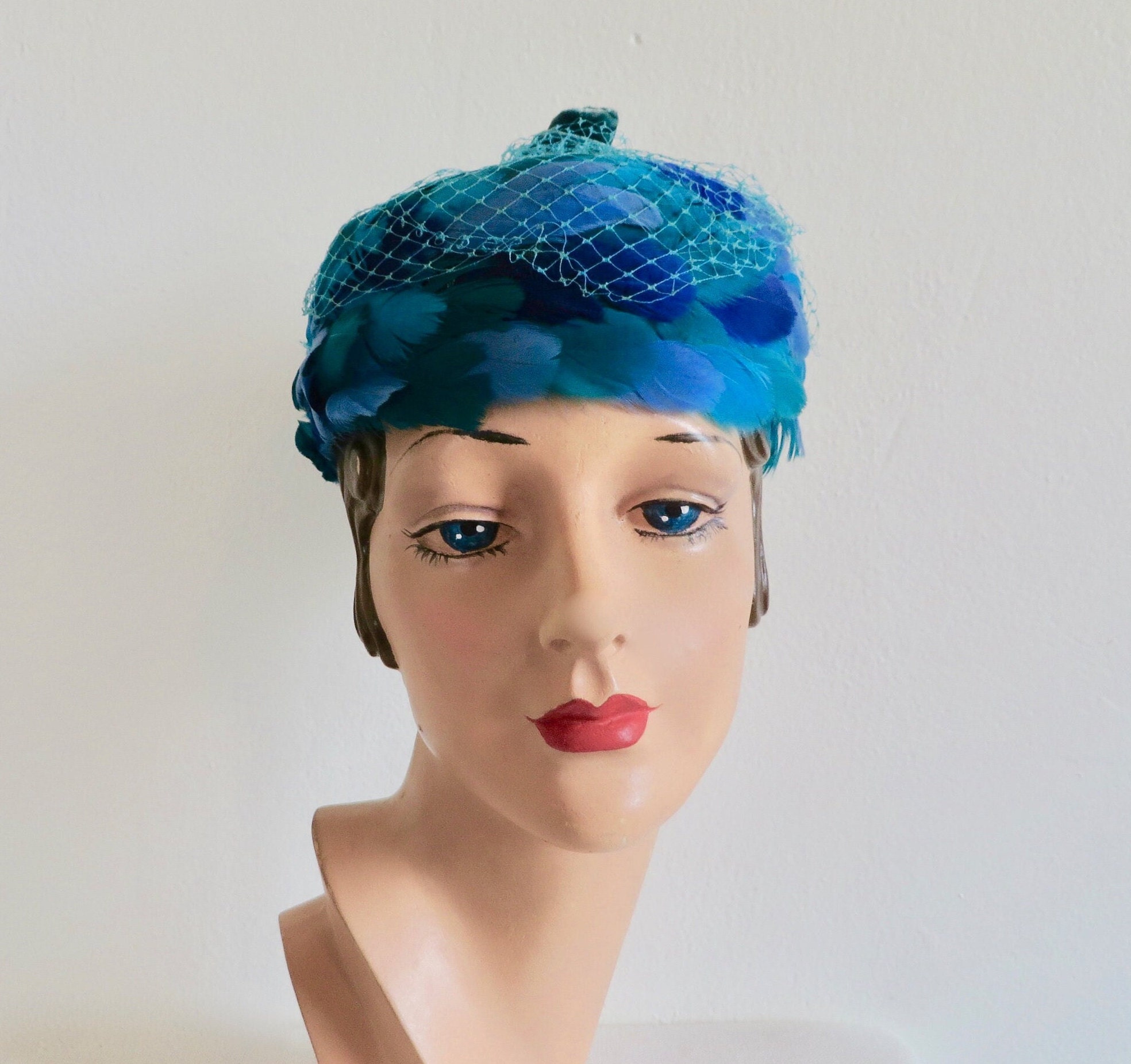 1960s Feather Pillbox Hat: Teal Blue Mod Millinery by Eva  display picture 3