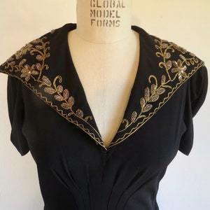 1940's Black Crepe Long Evening Dress Gold Soutache collar and Pocket Trim Formal Cocktail WW2 Era Rockabilly 28 Waist Size Small Medium image 3