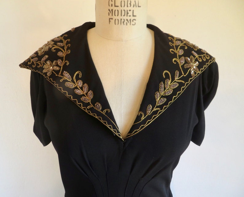 1940's Black Crepe Long Evening Dress Gold Soutache collar and Pocket Trim Formal Cocktail WW2 Era Rockabilly 28 Waist Size Small Medium image 3