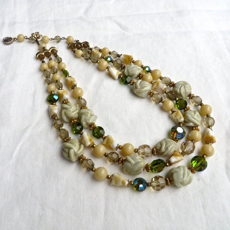 Vintage 1950/'sGreen Glass Beaded NecklaceArt Glass Beaded Multi Strand NecklaceRegency Jewels