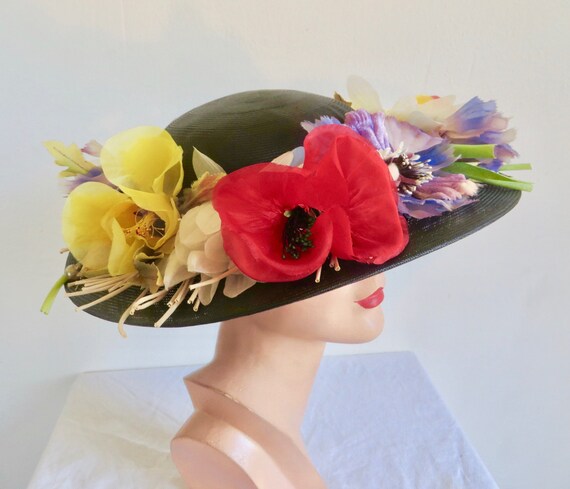 1950's 60's Black Straw Wide Brim Hat With Large … - image 5