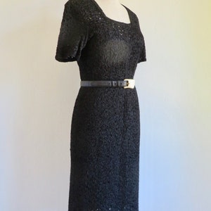 1940's Black Rayon Ribbon Knit Dress Crochet Slip Half Sleeves Square Neckline Belt Rockabilly WW2 Era 30.5 Waist Medium image 3