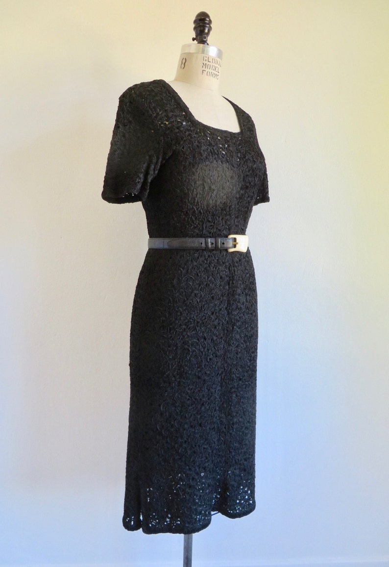 1940's Black Rayon Ribbon Knit Dress Crochet Slip Half Sleeves Square Neckline Belt Rockabilly WW2 Era 30.5 Waist Medium image 3