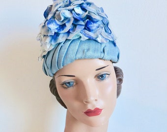 1950's Light Pastel Blue Floral Hat Turban Style Velvet and Silk Flowers High Crown Spring Summer 50's Millinery