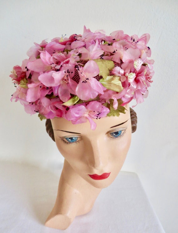 1960's Pink and Magenta Silk Floral Pillbox Hat S… - image 4