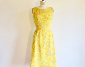 1960's Yellow Floral Print Day Dress Chiffon Overlay Sleeveless Style 60's Spring Summer Retro Elinor Gay 27" Waist Size Small