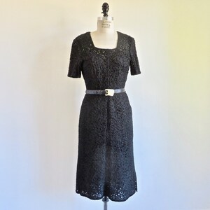 1940's Black Rayon Ribbon Knit Dress Crochet Slip Half Sleeves Square Neckline Belt Rockabilly WW2 Era 30.5" Waist Medium