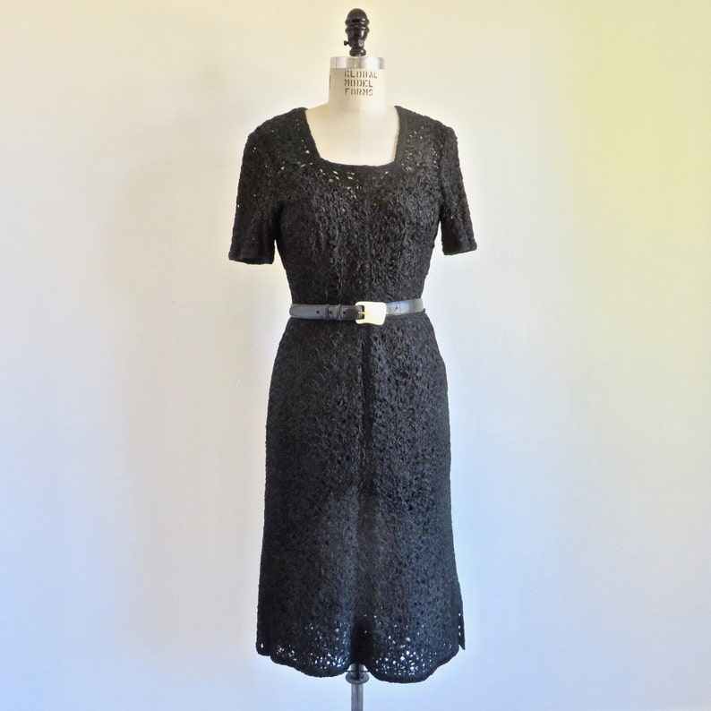 1940's Black Rayon Ribbon Knit Dress Crochet Slip Half Sleeves Square Neckline Belt Rockabilly WW2 Era 30.5 Waist Medium image 1