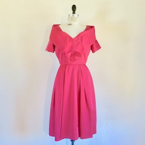 1950's Magenta Red Satin Party Dress Shawl Collar Short Sleeves Bow Trim  Evening Formal Christmas Rockabilly Holiday 29
