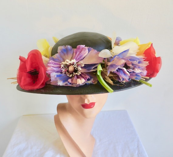 1950's 60's Black Straw Wide Brim Hat With Large … - image 2