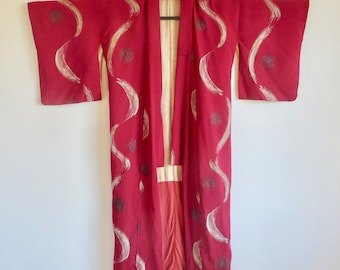 Traditional Japanese Red Kimono Robe Chirimen Crepe Metallic Swirls Print Silk Lining Asian Christmas Valentines Loungewear