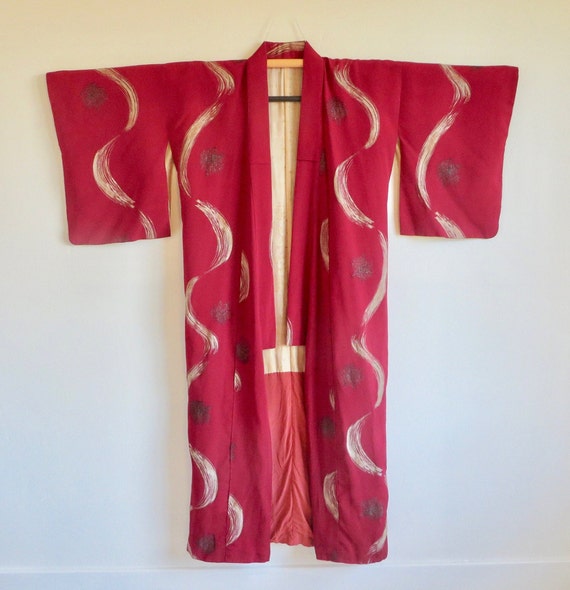 Traditional Japanese Red Kimono Robe Chirimen Cre… - image 1