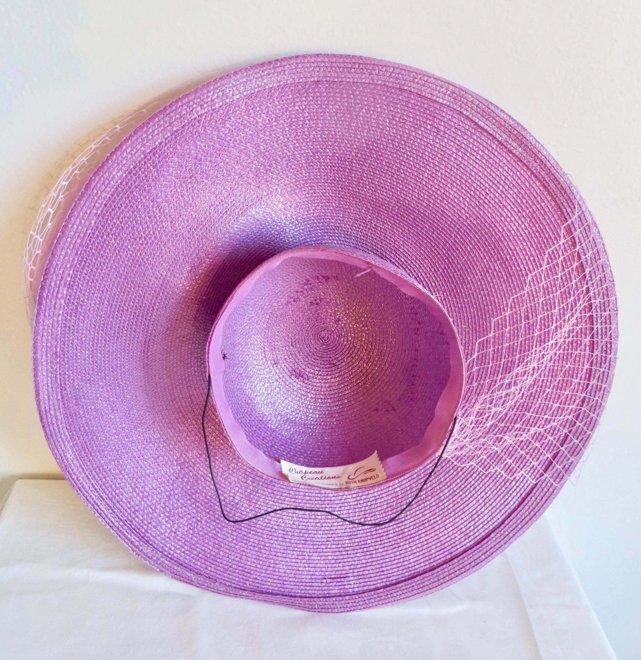 Vintage 80’s Lavender Wide Brim Occasion Hat Floral Detail Size Small Vintage 80 main image 2