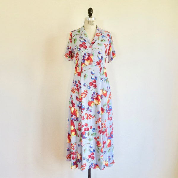 1940's Style Light Blue and Red Cherry Floral Print Rayon Day Dress Shirtwaist Style Short Sleeves Retro Rockabilly Loco Lindo Size XS/Small