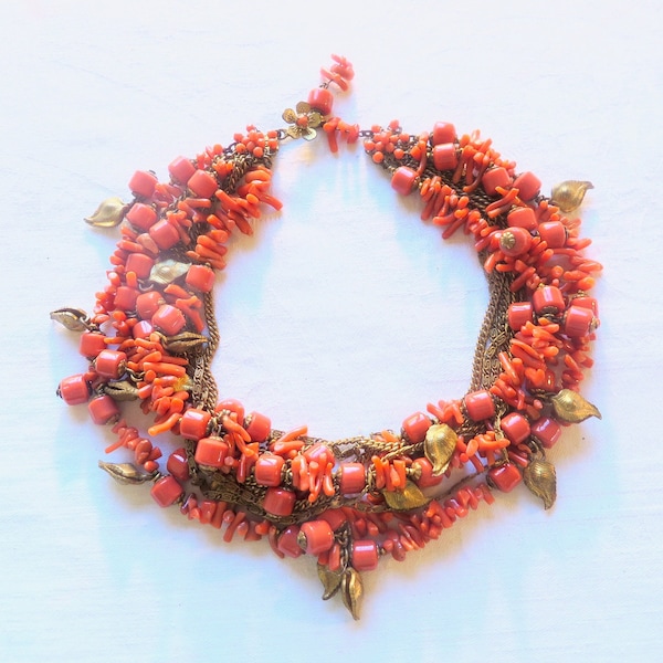 Miriam Haskell Multi Strand Red Glass Beaded Coral Choker Necklace with Hanging Gold Leaves and Chains Multi Strand 1950's Jewelry Necklaces