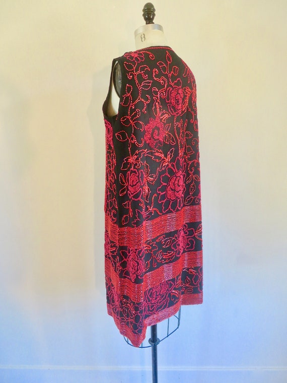 1960's Chinese Black and Red Floral Beaded Silk S… - image 6