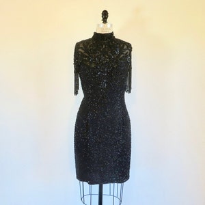 1990&#39;s Black Beaded Evening Dress Mock Neck Bead Fringe Sleeves Open Back Victorian Style Formal Cocktail Party Night Line 34&quot; Waist M- L