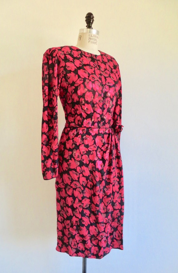 1980's Red Rose Floral Silk Print Dress Long Slee… - image 4