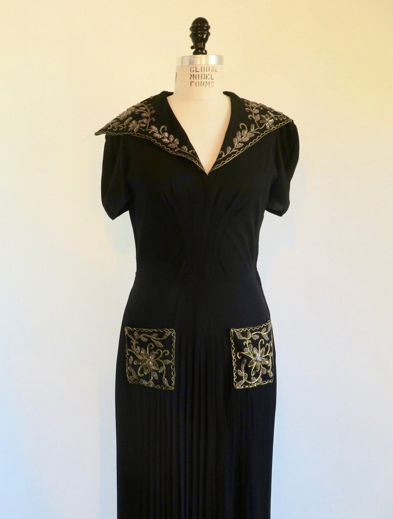 1940's Black Crepe Long Evening Dress Gold Soutache collar and Pocket Trim Formal Cocktail WW2 Era Rockabilly 28 Waist Size Small Medium image 2