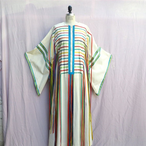 Vintage 1970/'s Josefa Mexican Caftan with Ribbon Fringe Mexican Festival Kaftan Hippie Boho Medium