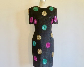 1980's Black Silk Beaded Cocktail Dress Multicolor Sequin Polkadots Formal Short Sleeves Shoulder Pads Leslie Faye Evenings 34" Waist Large