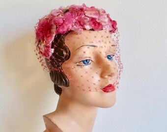 1950's 60's Hot Pink Silk Flower Fascinator Hat with Veil 50's Floral Spring Bridal Wedding