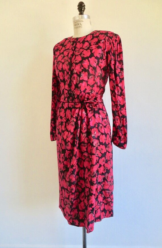 1980's Red Rose Floral Silk Print Dress Long Slee… - image 3