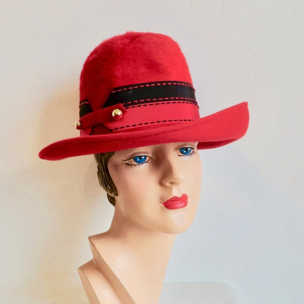 1960's Red Fuzzy Felt High Crown Hat Black Ribbon Gold Buttons 60's English Dandy Carnaby Street Made in England Mitzi London Size 22