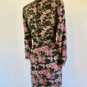 I Magnin 1980's Black Magenta Floral Silk Evening Sheath Dress Lace Sequin Back Detail Long Sleeves Formal Cocktail Party 27.5 Waist Small image 8