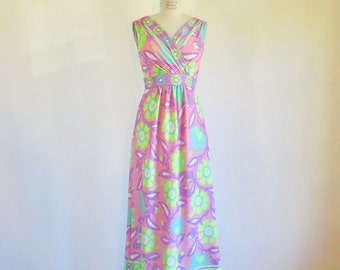 1970's Pink and Green Floral Long Knit Maxi Dress Sleeveless Mod Italian Pucci Style Print 70's Spring Summer 28" Waist Size Small