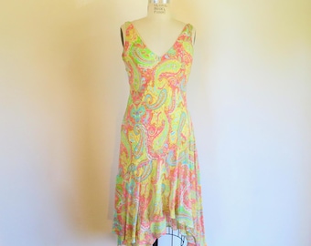 1930s Style Silk Paisley Dress: Ralph Lauren Asymmetrical Hem, Size 6