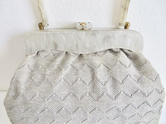 1940's Silver Gray Chevron Weave Fabric Purse wit… - image 10