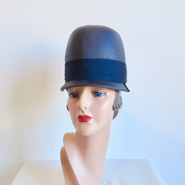1960's James Galanos Navy Blue Woven Straw High Crown Hat Mod Style 60's Avant Gard Millinery American Designer