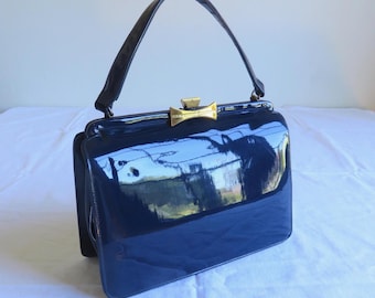 1960's Navy Blue Patent Leather Structured Purse Top Handle, Sydney California