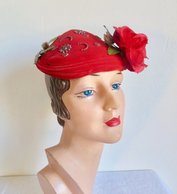 1950's Red Velvet Calot Style Hat Rose and Buds G… - image 3