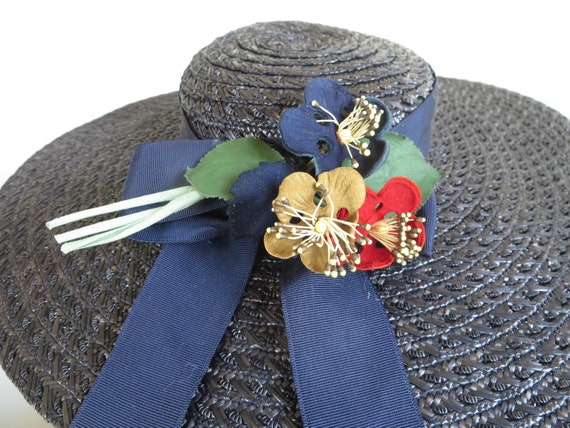1950's Navy Blue Straw Wide Brim Sun Hat Flowers … - image 8
