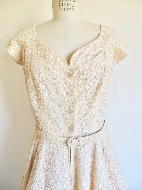 1950's Butter Cream Lace Fit and Flare Dress Swee… - image 2