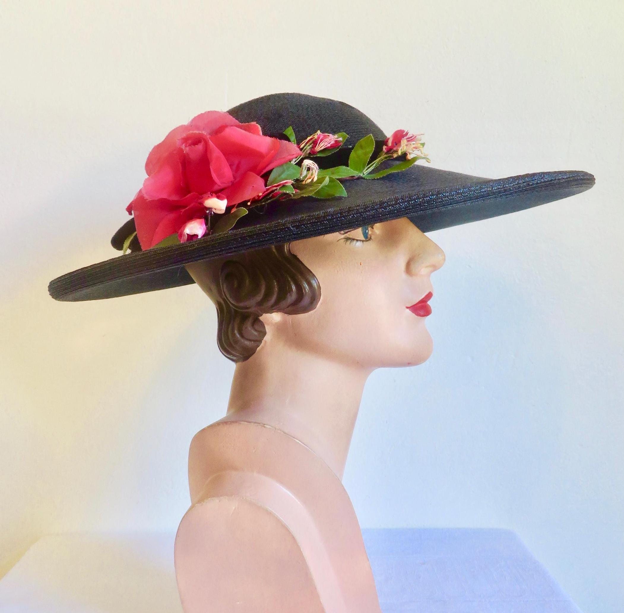 1950s Black Straw Wide Brim Hat: Rose & Velvet Trim, Size 22 