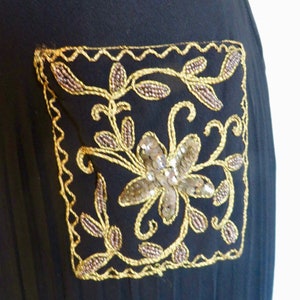 1940's Black Crepe Long Evening Dress Gold Soutache collar and Pocket Trim Formal Cocktail WW2 Era Rockabilly 28 Waist Size Small Medium image 10