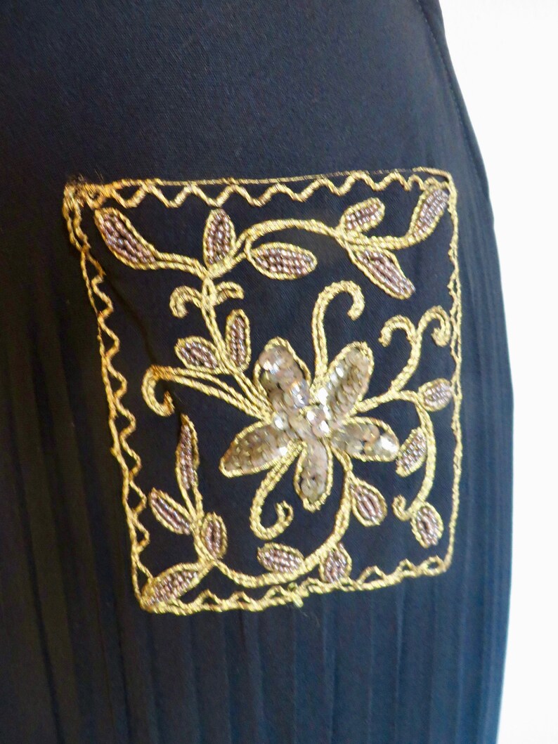 1940's Black Crepe Long Evening Dress Gold Soutache collar and Pocket Trim Formal Cocktail WW2 Era Rockabilly 28 Waist Size Small Medium image 10
