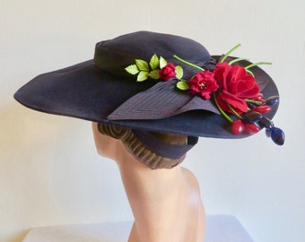 1940's Navy Blue Felt Wide Brim Hat Red Roses and Cherries Trim Rockabilly Formal Portrait Picture Royal Hats California Size 22.5