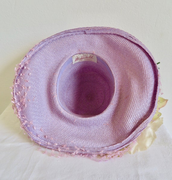 1960's Lavender Lilac Straw Wide Brim Hat High Cr… - image 9