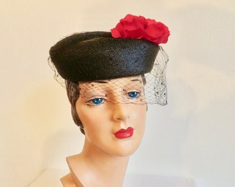 1950's Black Straw Pillbox Hat with Red Silk Rose Veil Rockabilly Swing Formal Cocktail Evening Party 50's Millinery Jean Sutton