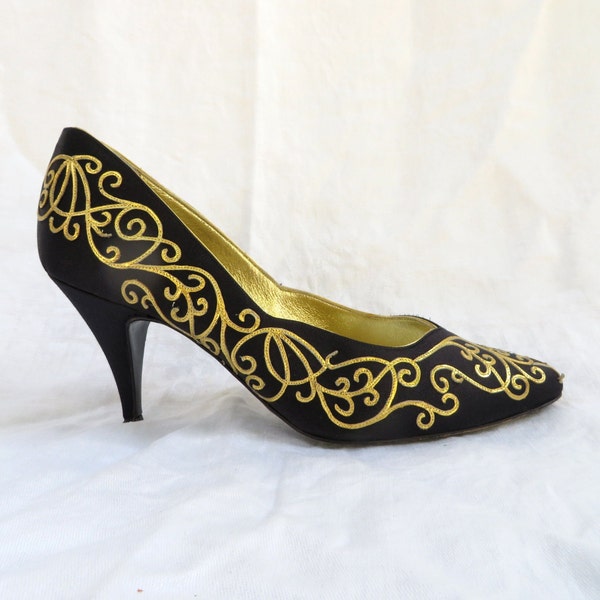 Size 7.5 1980's Italian Black Satin High Heel Pumps with Gold Trim Renaissance Style Heels Rene Caovilla