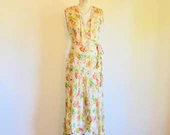 Robe portefeuille mi-longue fleurie en mousseline de soie jaune des années 1990 Style des années 90 des années 90 printemps été mariée mariage garden-party glace taille 8 moyenne