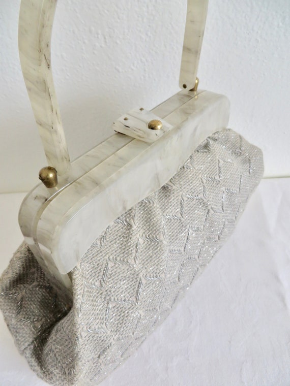 1940's Silver Gray Chevron Weave Fabric Purse wit… - image 3