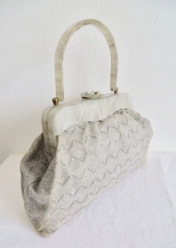 1940's Silver Gray Chevron Weave Fabric Purse wit… - image 2