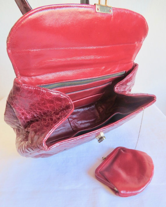 1940's Dark Red Snakeskin Leather Purse Gold Meta… - image 10