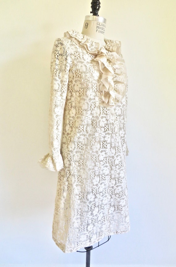 1960's Mod Ivory Creme Cotton Lace A Line Dress R… - image 3